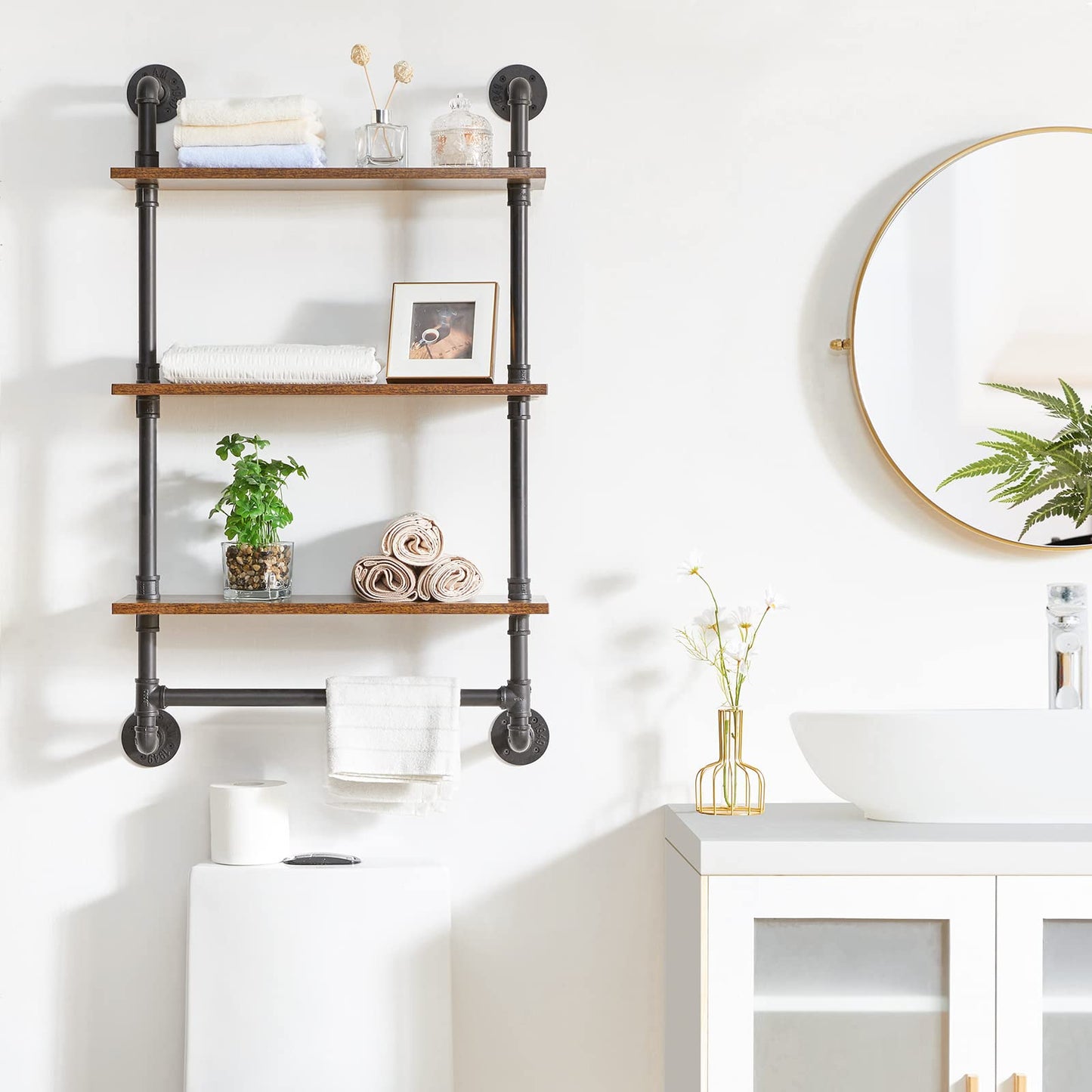 YMYNY 3-Tier Industrial Pipe Wall Mount Shelves, Rustic Storage Shelves, Floating Shelves, Wall Mount Bookshelf, Kitchen Spice Rack, for Bedroom,