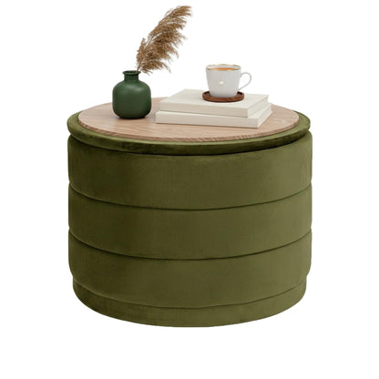 Bonlife Large Storage Ottoman Round - Folding Foot Rest with Hidden Storage, Olive Velvet 58x58x44cm for Living Room, Bedroom & Hallway