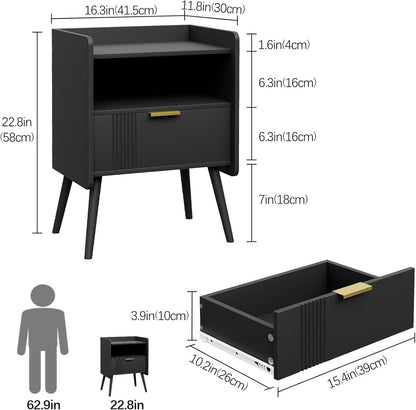 Bedside Table, Nightstand, Bed Side Table with Wood Decorated Drawers