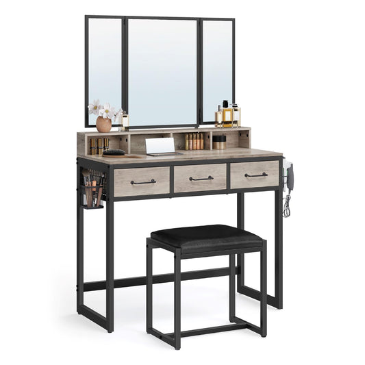 VASAGLE Dressing table with 3-piece folding mirror, hair dryer holder, cosmetic table with padded stool, 3 drawers, industrial design, greige and