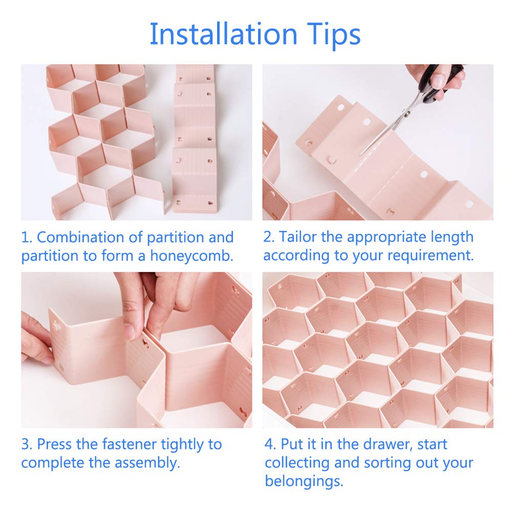 Poeland Drawer Divider Organizer 8pcs DIY Plastic Grid Honeycomb Drawer Divider Pink 2 Pack