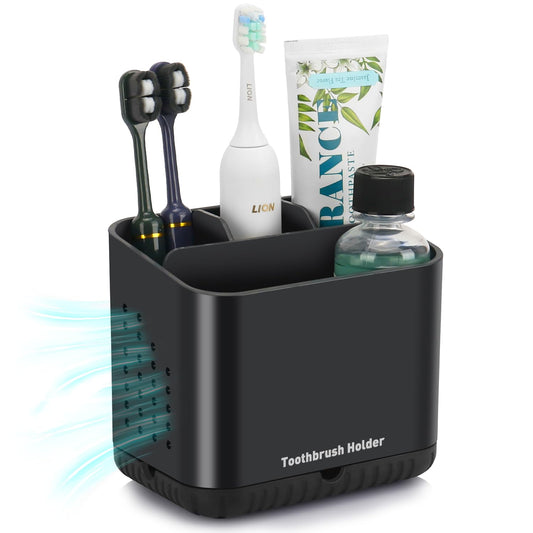 toprance Black Toothbrush Holder Easy to Clean Electric Toothbrush Holder with Drainage, Freestanding Toothbrush Caddy for Family, Detachable