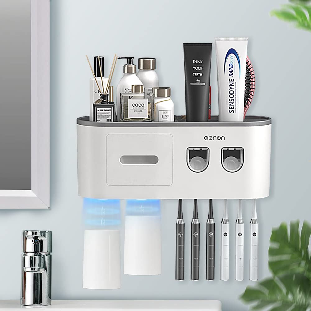 BHeadCat Toothbrush Holders Wall Mounted, Toothbrush Holder with Double Automatic Toothpaste Dispensers, 6 Brush Slots, 2 Magnetic Cups,1 Cosmetic