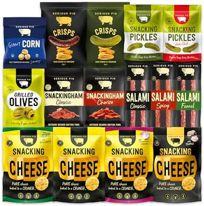 SERIOUS PIG | Gourmet Snack Hamper | with Crunchy Cheese, Cured Pork, Pickles, Crisps, and Corn Scratchings. Delicious Savoury Pub Snacks (22 Packets)