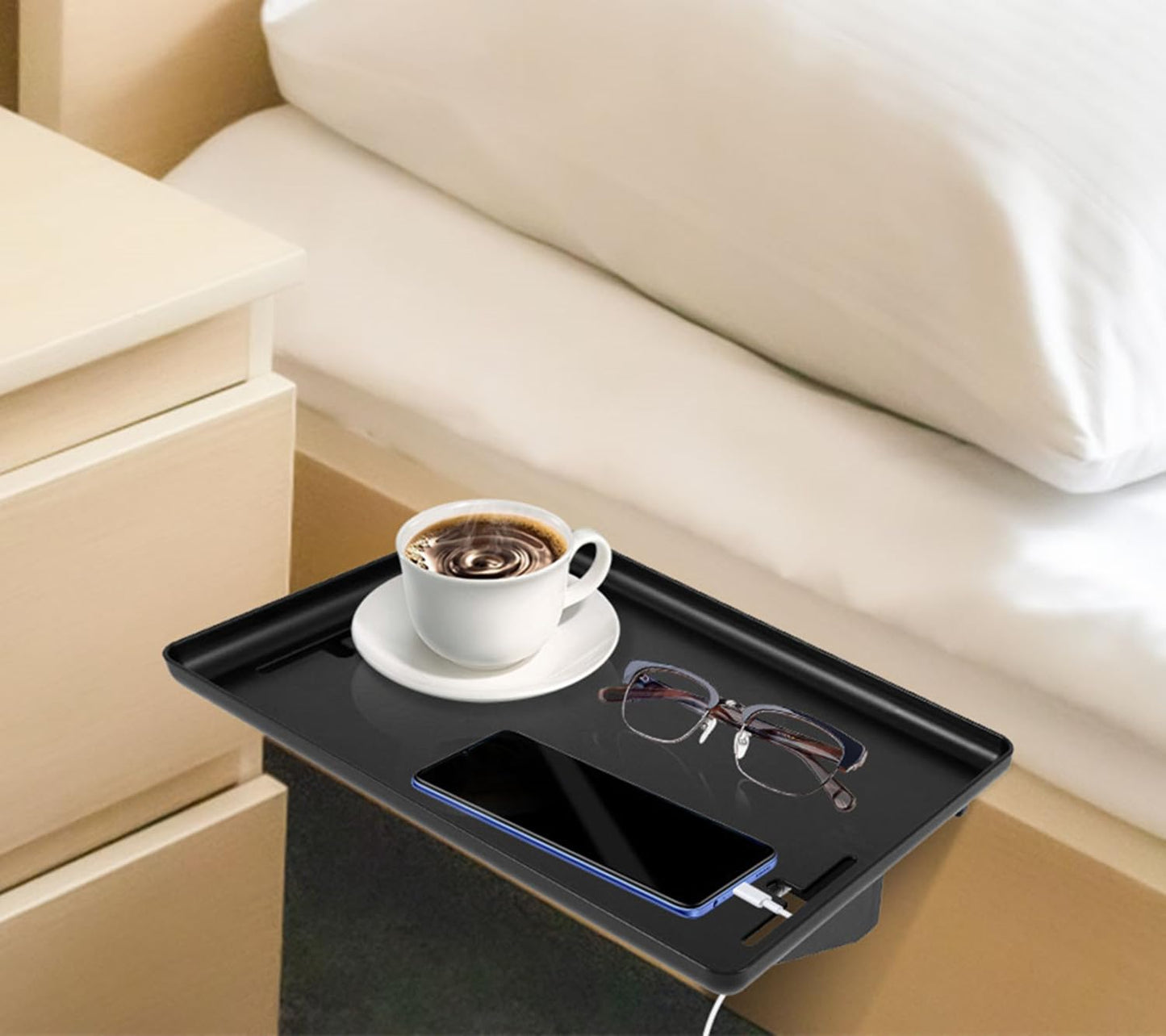 Sutowe Bedside Shelf for Bed, Detachable Bed Shelf Clip On Nightstand Tray College Dorm Room Table Caddy with Cord Holder for Top Bunk Organizer