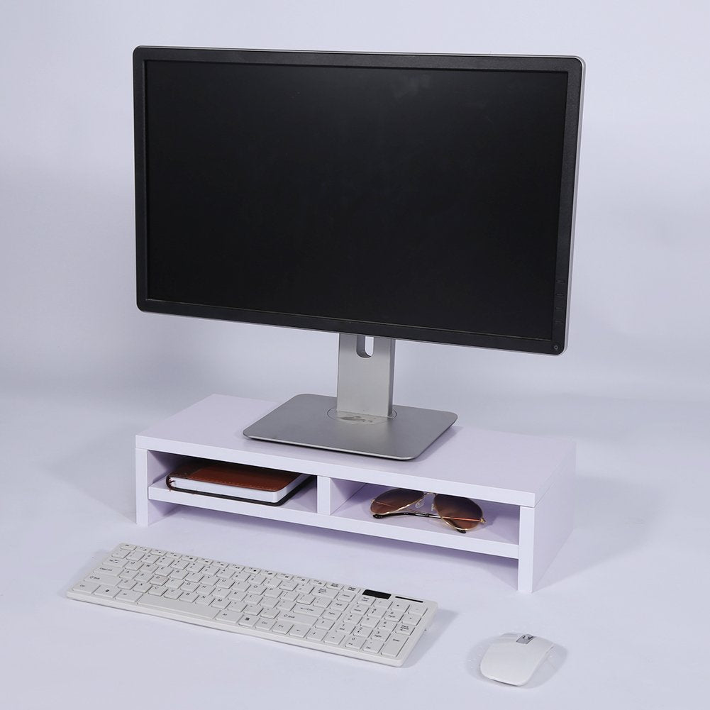 BONTEC Monitor Stand Riser 2 Tier Wooden Desk Shelf with Drawer, Ergonomic Computer Riser for Desk