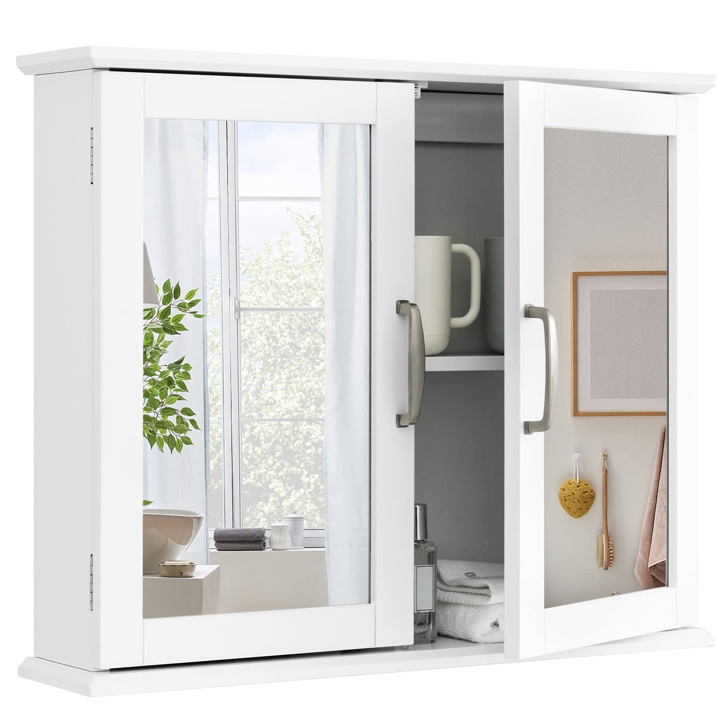 RELAX4LIFE Bathroom Wall Cabinet, Double Door Mirrored Storage Cupboard with Inner Shelf