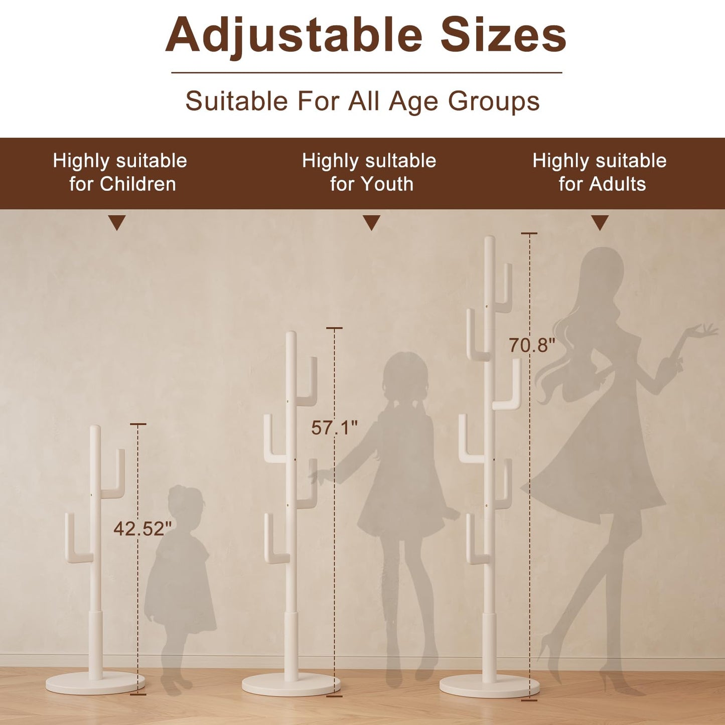 AQIMUELE Coat Stand, Woodem Coat Rack Stand - Cactus Design with 6 Hooks, Sturdy and Easy Assembly for Hallway Entryway, Hat Stand for Clothes (White)