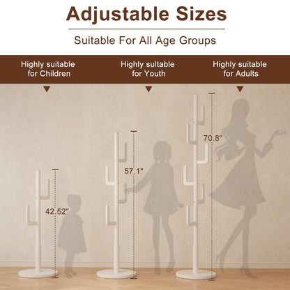 AQIMUELE Coat Stand, Woodem Coat Rack Stand - Cactus Design with 6 Hooks, Sturdy and Easy Assembly for Hallway Entryway, Hat Stand for Clothes (White)