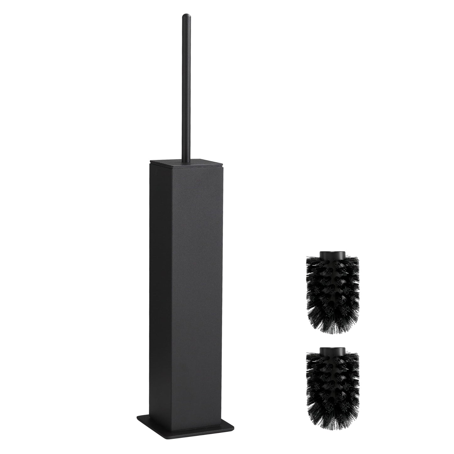 BVL Toilet Brush, Black, Metal Toilet Brush Including 2 Brush Heads, Slim Design Toilet Brush, Square for the Bathroom