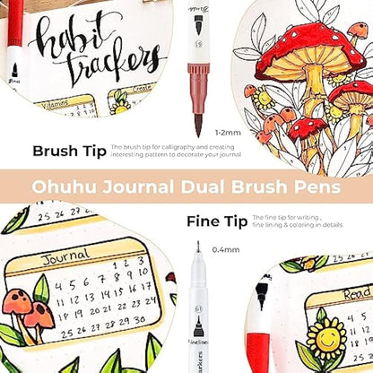 Ohuhu Colouring Pens, 120 Dual Tip Brush Fineliner Art Markers Felt Tip Pens Set with Case, for Kids and Adults Colouring Books Drawing Calligraphy Journal Sketching, Maui Series