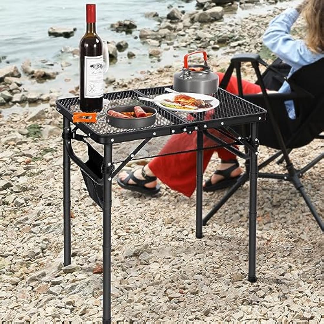 REDCAMP 2ft Folding Camping Table for Outside, Lightweight Aluminum Portable Folding Table for Cooking BBQ,Metal Grill BBQ Table Easy to Assemble with Adjustable Heights Legs,Black 60cm x 40cm