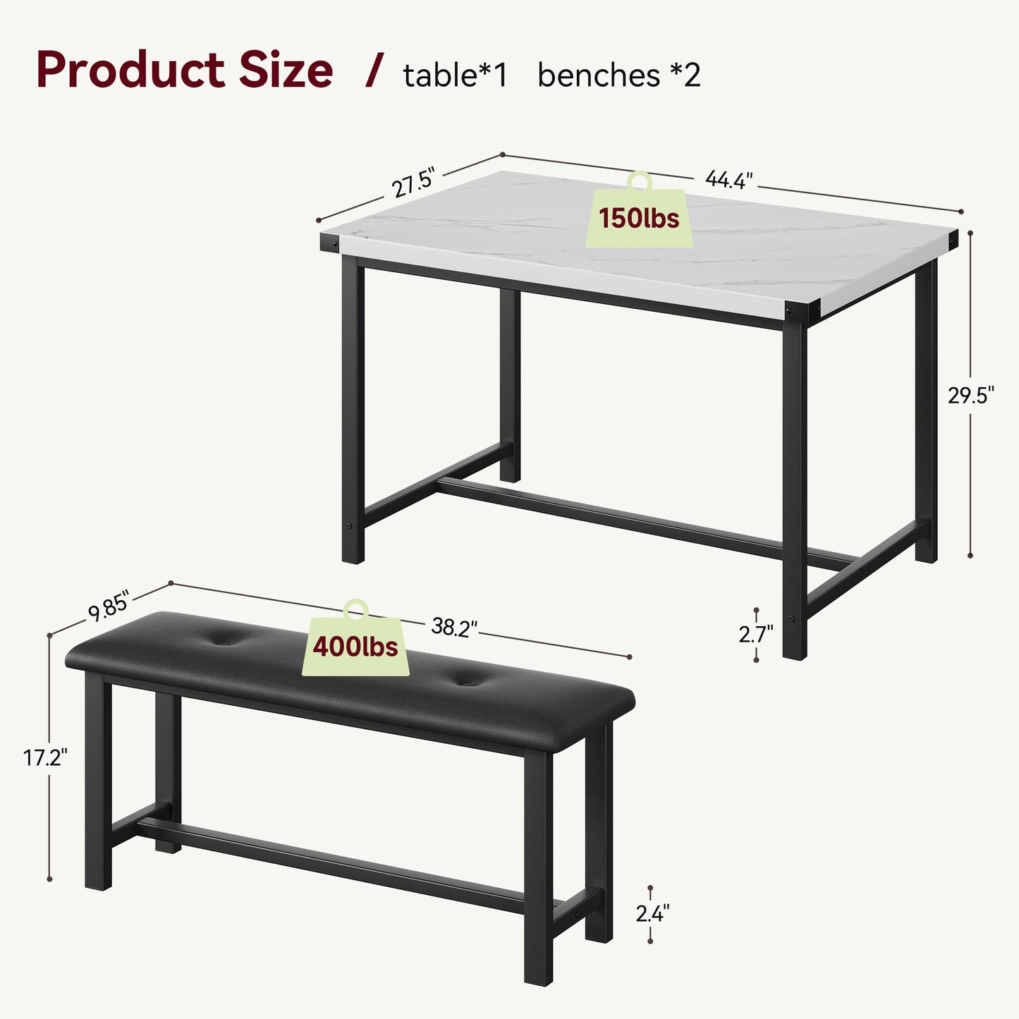 GarveeHome Dining Table with 2 Benches, 3 Piece Kitchen Table Set, Space Saving Dining Room Furniture, Metal Frame