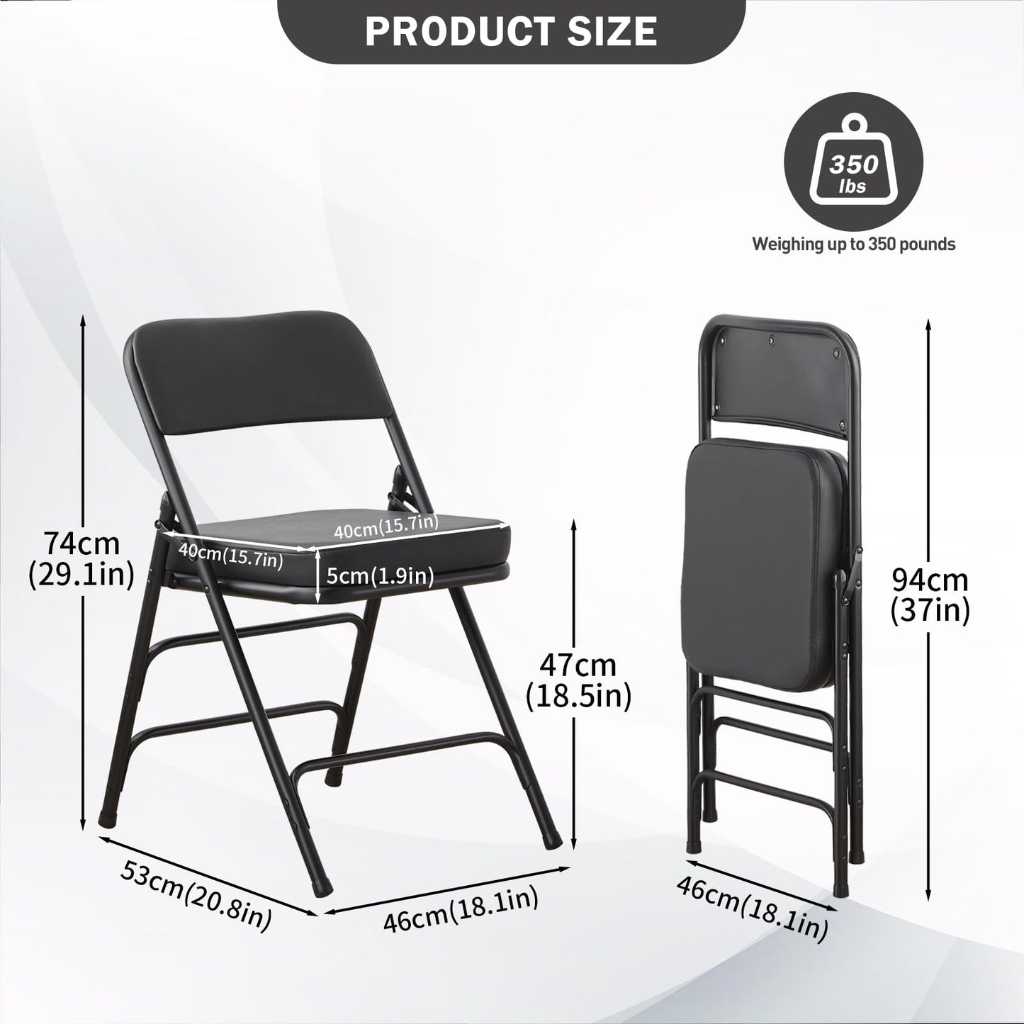 CHAIRABLE Padded Folding Chairs with Thick Cushion, 2 Pack Black