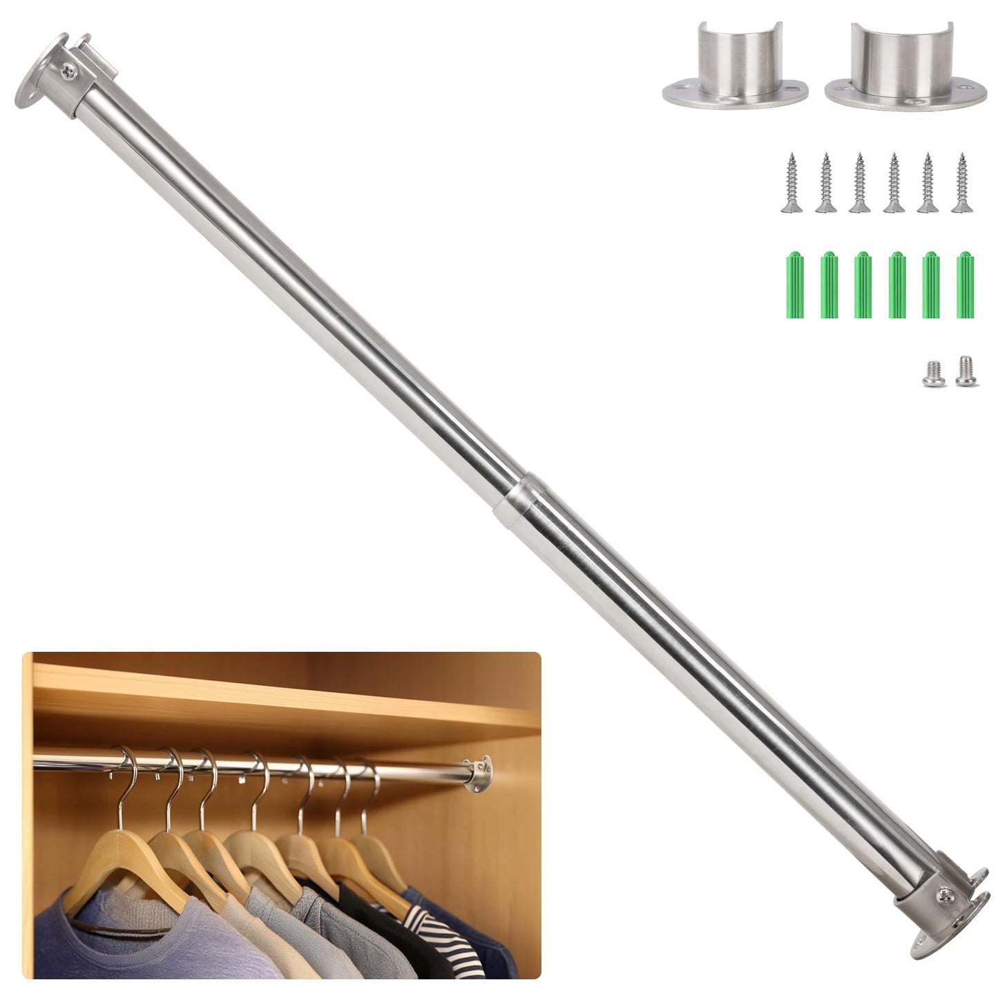 Wardlock 50-80 cm Extendable Stainless Steel Wardrobe Rail, Adjustable Clothes Rail Pole With U Shaped End Sockets.