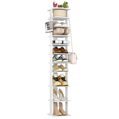 HOME BI 11-Tier Vertical Shoe Rack, Corner Shoe Tower, Slim Shoe Organizer with Two Hanging Hooks, Wooden Shoe Storage Stand for Entryway, Hallway