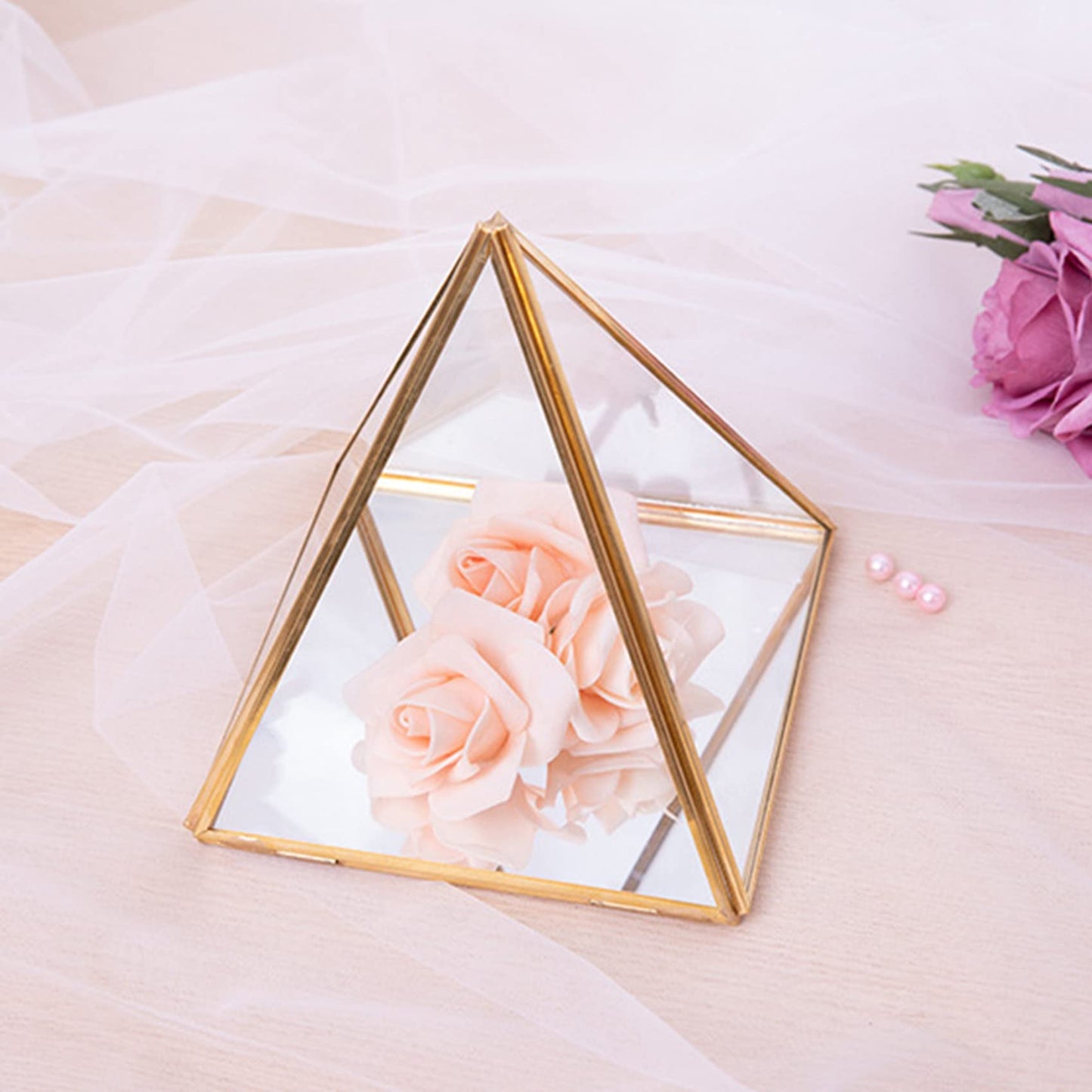 TOBEOME Glass Jewelry Box Golden Geometric Decorative Box Geometric Glass Pyramid Ring Holders for Wedding Birthday Gift L