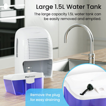 Pro Breeze Dehumidifier 1500ml Portable Air Dehumidifier for Damp, Mould, Moisture in Home, Kitchen, Bedroom, Caravan, Office, Garage, Bathroom,