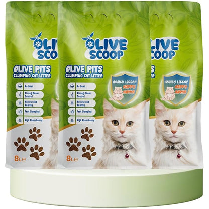 OLIVE SCOOP 100% Natural Dust-Free Clumping Cat Litter – Natural Olive Pits, Unscented, Biodegradable, Low Tracking, Odor Control, Safe for Kittens & Multi-Cat Homes - 24L (8Lx3Pack)