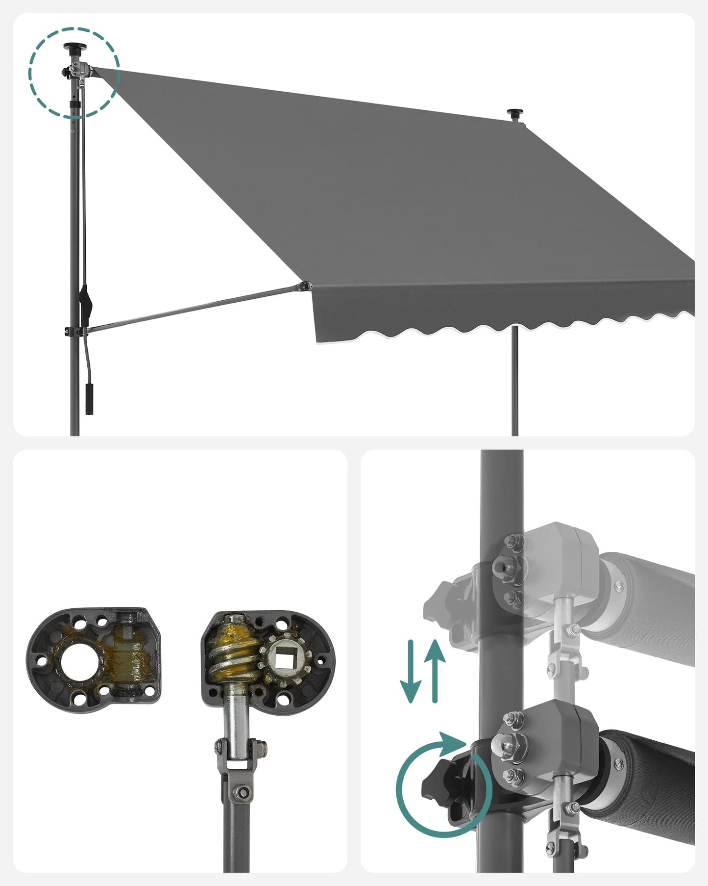SONGMICS Clamp Awning, 300 x 130 cm, Balcony Awning, Height-Adjustable, with Hand Crank, Sun Protection for Balcony, Patio, Garden, Anthracite