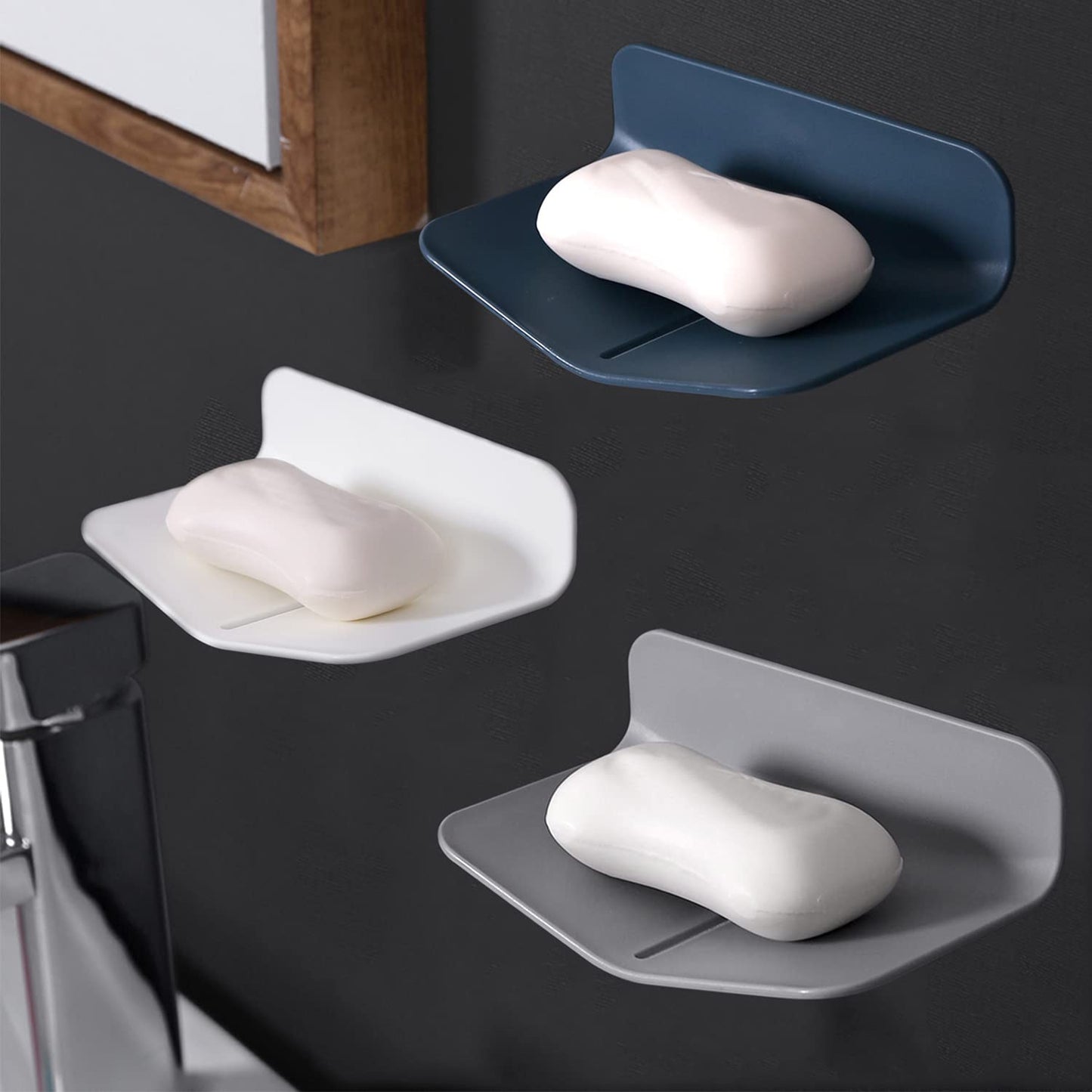Soap Holder Shower Wall Mounted for Kitchen, Self-draining Soap Dish for Shower, Plastic Soap Box for Bathroom. (3, White + Gray + Blue)