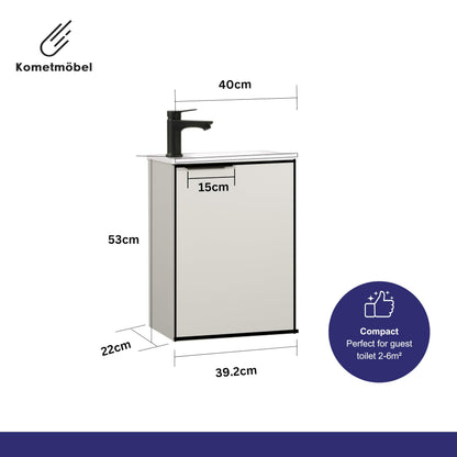 Kometmöbel Cloakroom Vanity Unit With Wash Basin Bathroom Vanity 40cm Wall Hung (Cashmere with Handle 40cm, Without Tap)