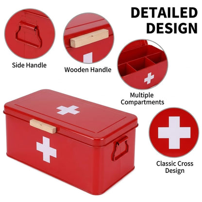 Punorric Medicine Storage Box, Metal First Aid Box with 4 Compartments, Medicine Cabinet Organiser with Handle, Medication Storage for Home, Office