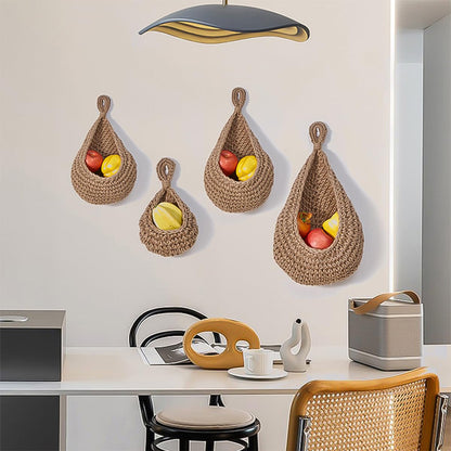 ANCLLO 3PCS Three sizes Hanging Wall Basket Teardrop Hanging Baskets Hand Woven Wall Mounted Teardrop Hanging Wall Decor Baskets for Kitchen Storage