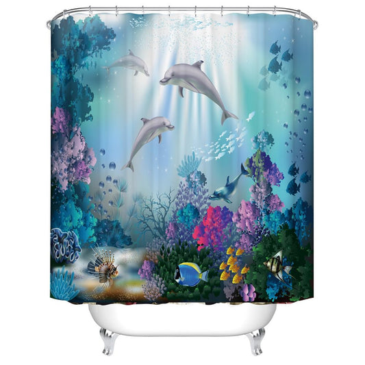 Dolphin and Ocean Life Shower Curtain, Blue Sea World Colorful Underwater Fishes Coral Ocean Animal Seabed Decorations Bath Curtain with 12 Hooks
