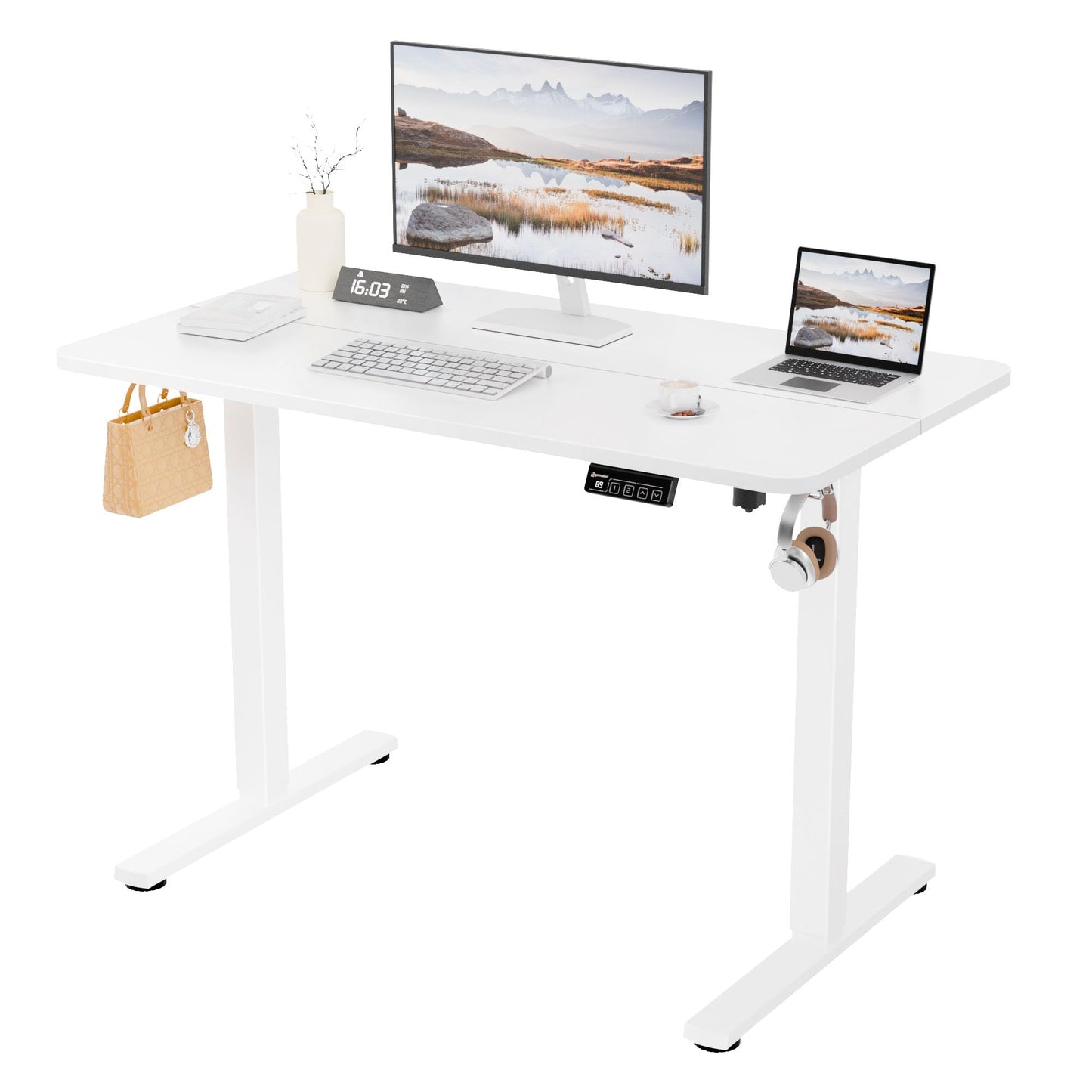 ERGOMAKER Electric Standing Desk 110x60cm, Height Adjustable Desk with Memory Handset, Stand Up Desk with Hooks for Home Office, White