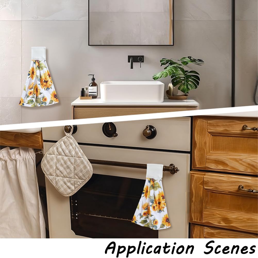 CREATCABIN Sunflower Kitchen Hanging Towel with Hanging Loop Set of 2 Absorbent Kitchen Tie Towels Rustic Dish Cloth Soft Thick Dry Cleaning Hand