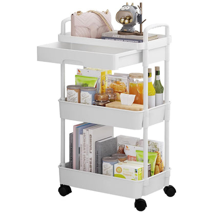 DUOJIN 3 Tier Plastic Rolling Utility Cart with Handle, Multi-Functional Storage Trolley with Mesh Baskets and Lockable Wheels for Bathroom Kitchen