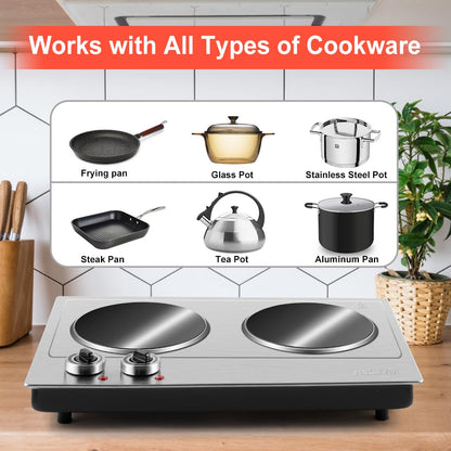 Double Electric Hob, CUSIMAX Hot Plate for Cooking, 2400W Electric Ceramic Hot Plate, Double Infrared Cooktop with Dual Temperature Control, Portable