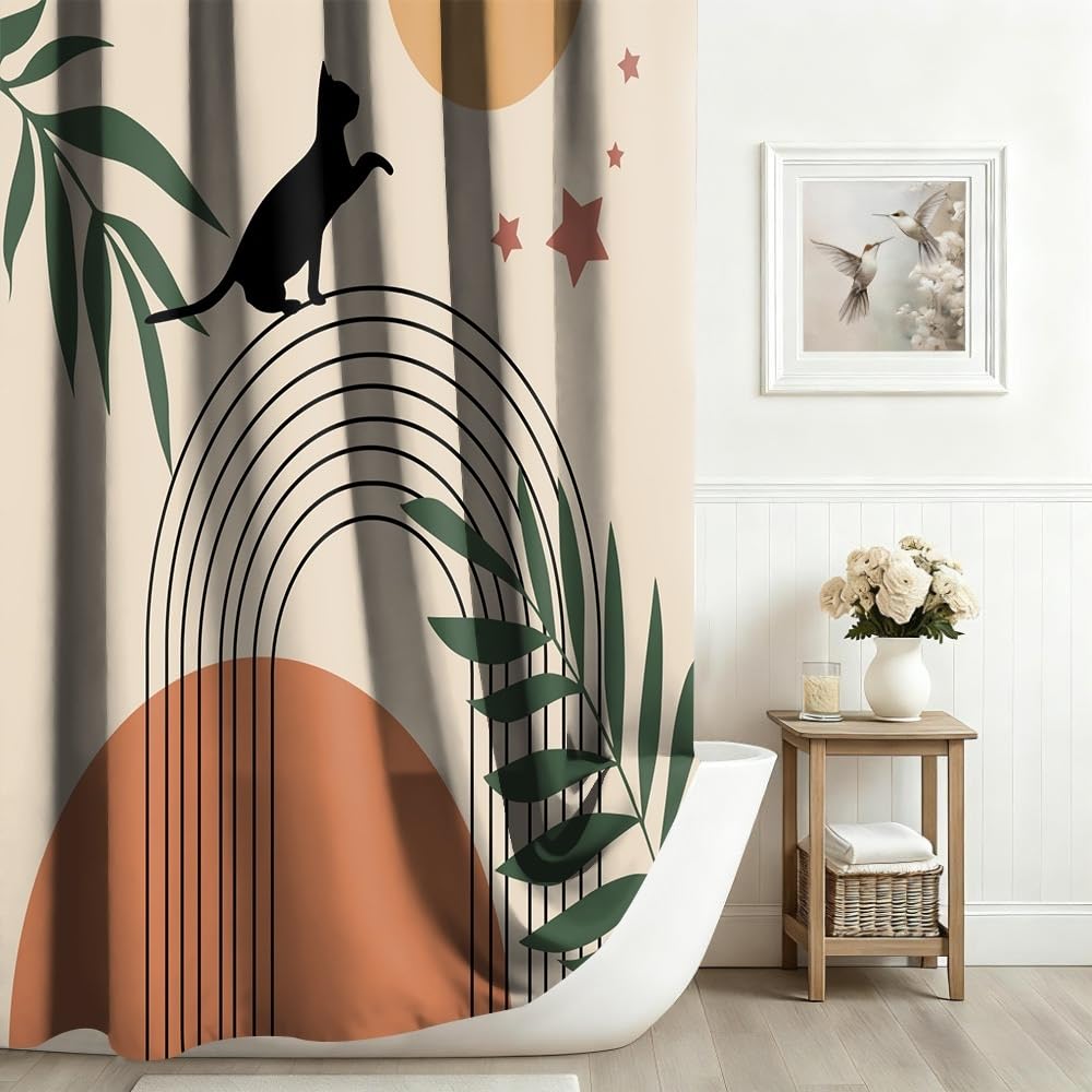 Xiaoterna Boho Shower Curtain Abstract Art Cat Bathroom Curtain Vintage Geometric Pattern Black Lines Green Leaves Sun Stars Cute Black Cat Mould and