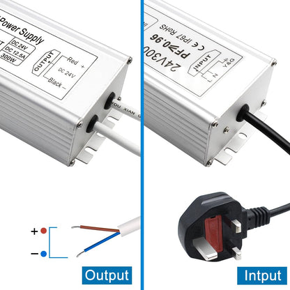 inShareplus LED Power Supply, 24V 300W IP67 Waterproof Outdoor Driver, AC 90-265V to DC 24V 12.5A Low Voltage Transformer, Adapter with 3-Prong Plug