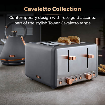 Tower T20051RGG Cavaletto 4-Slice Toaster with Defrost/Reheat, Stainless Steel, 1800W, Grey and Rose Gold
