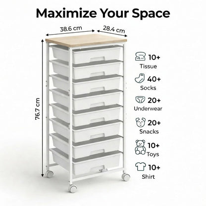 8 Drawer Rolling Storage Trolley with Wooden Worktop, Plastic Drawer Organiser Cart on Wheels with Lockable Silent Castors & Anti-Fall Latch