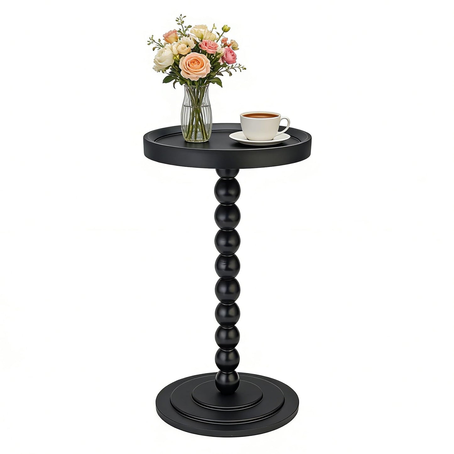 XUDREZ Modern Side Table with Vintage Spindle Design, Small Round Coffee End Table for Living Room Bedroom/Sofa/Bathtub (Black)