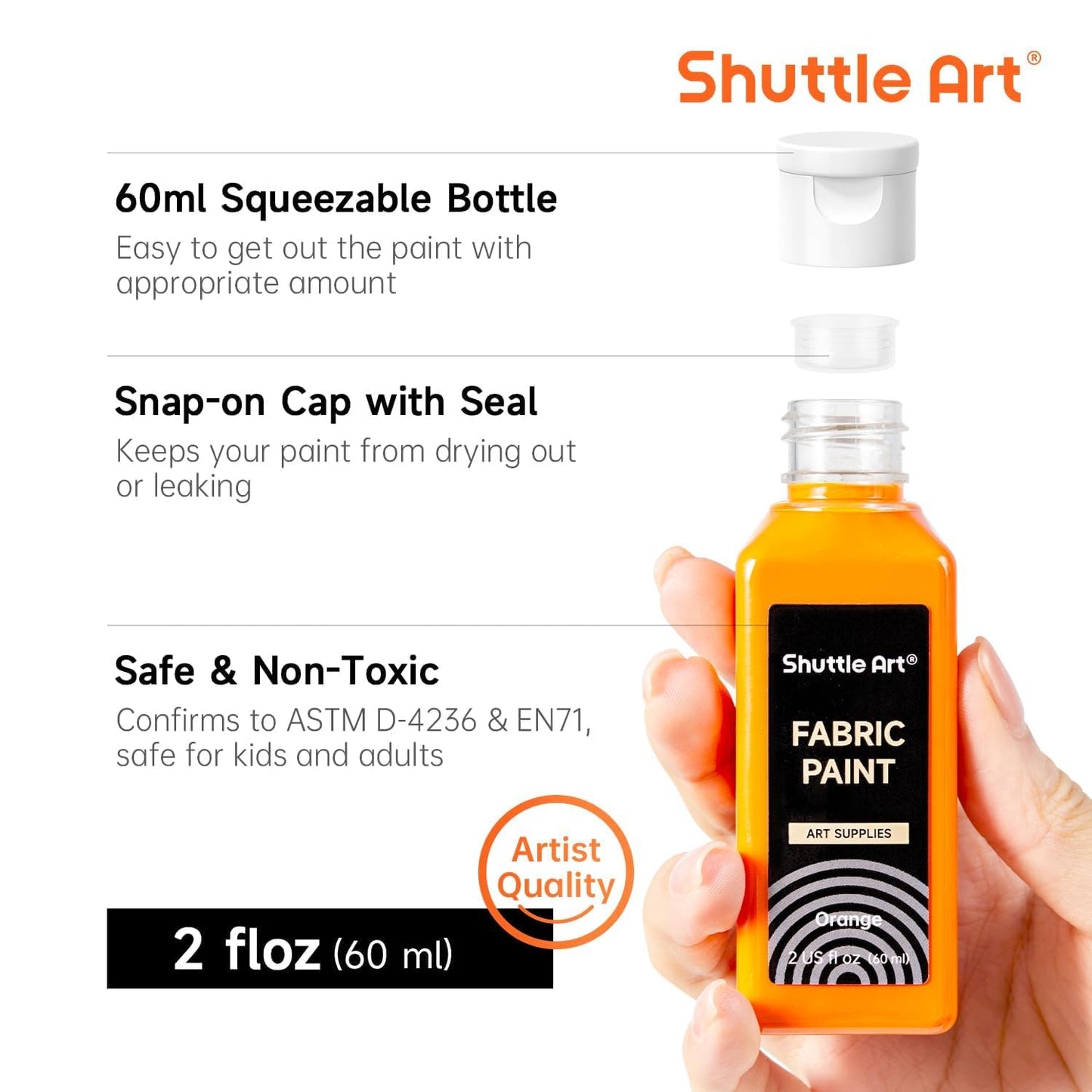 Shuttle Art Fabric Paint Permanent for Clothes, 24 Colours Fabric Paints in Bottles (60ml/2oz) with Brushes, Palette, Stencils, Non-Toxic Textile
