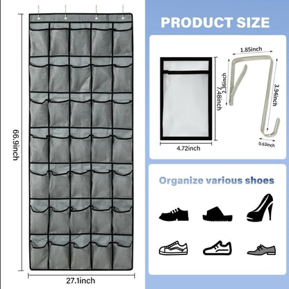 35-Pocket Over The Door Shoe Organizer - Mesh Pockets Shoe Holder Rack With 4 Metal Hooks