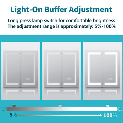 ELEGANT Bathroom Mirror Cabinets with Lights and Shaver Socket, Double Door Stainless Steel Bathroom Wall Cabinets with Three-color Infinitely