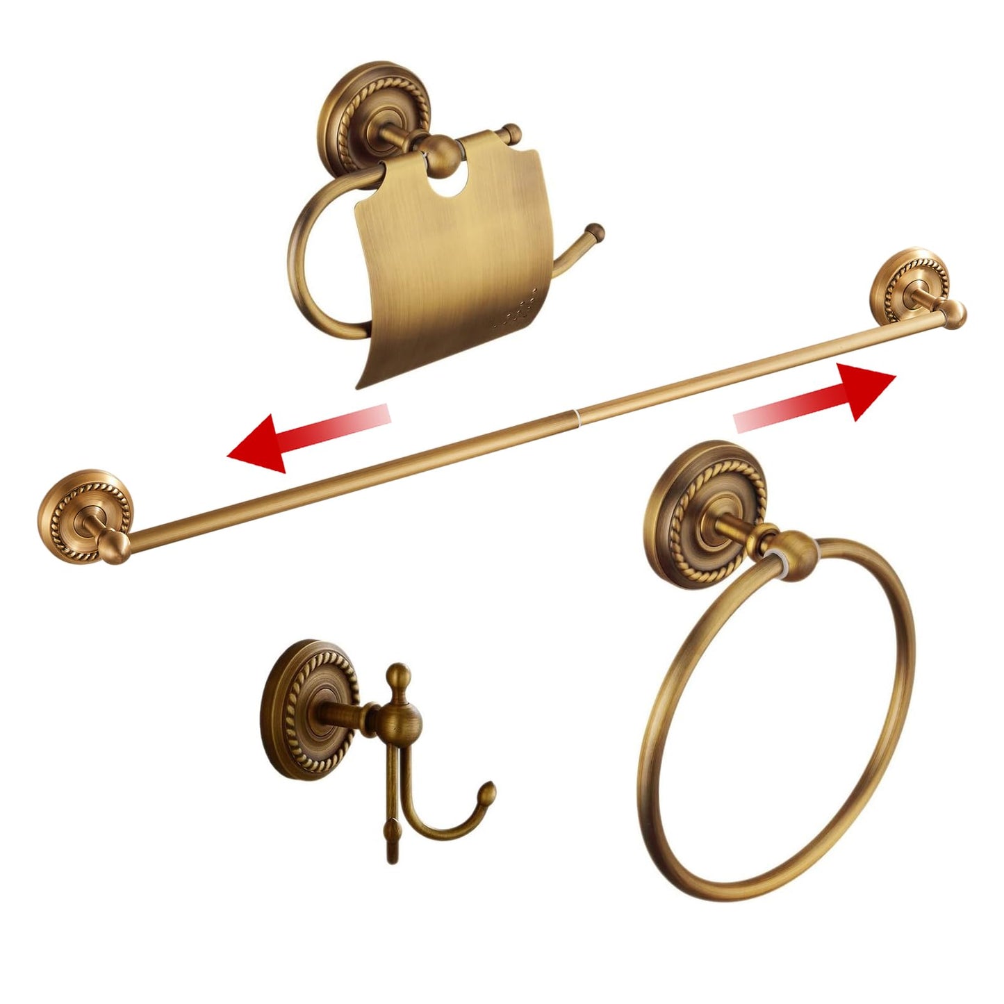 Antique Brass 4-Piece Bathroom Hardware Set, Wall Mounted Towel Hanger Toilet Paper Holder Robe Hooks, Vintage Antique Bathroom accessories Set