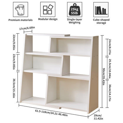 Aibiju Wooden Extendable Shelf Bookcase, Bookshelf, Storage Shelf with 6 Compartments, 3-Tier Ladder Low Short Bookshelf for Small Space or Corner