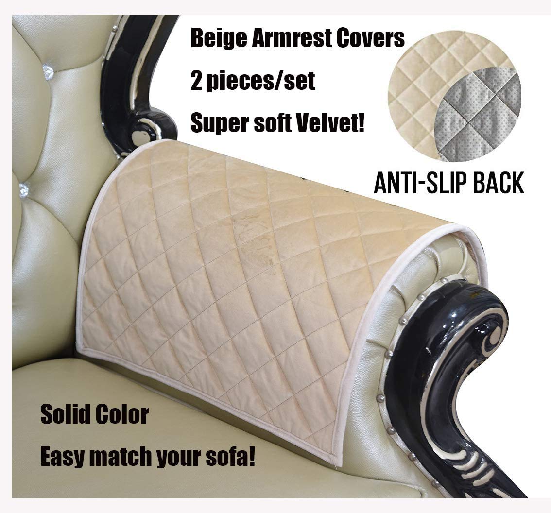 ZUODU Beige Velvet Square Check Sofa Arm Cover, Set of 2