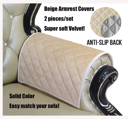 ZUODU Beige Velvet Square Check Sofa Arm Cover, Set of 2