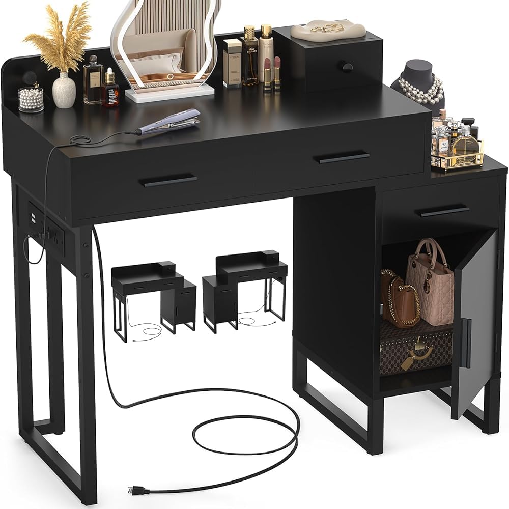 iSunirm Dressing Table Vanity Desk with 4 Storage Drawers - Modern Makeup Desk with Charging Station, Vanity Desk with Reversible Cabinet Dressing