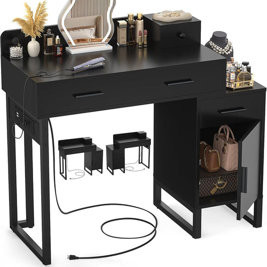 iSunirm Dressing Table Vanity Desk with 4 Storage Drawers - Modern Makeup Desk with Charging Station, Vanity Desk with Reversible Cabinet Dressing