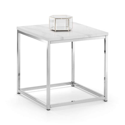 Julian Bowen Scala End Table, White Marble Effect & Chrome - H50 x W50cm