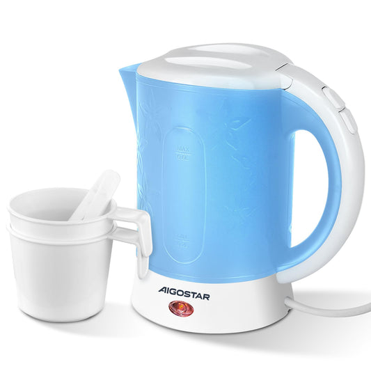 Aigostar Small Travel Electric Kettle - 650W 0.6 Litre Lightweight, Low Wattage Mini Portable With 2 Cups and 2 Spoons for Seniors, Elderly, Camping,