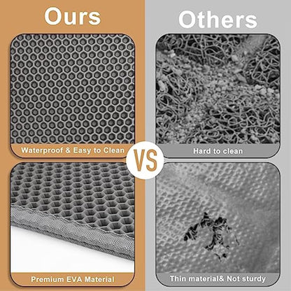 Garoopion Cat Litter Mat, 90 X 76 cm EVA Litter Trapping Mat, Double Layer Honeycomb Holes Design, Grey, 1 Side Connected